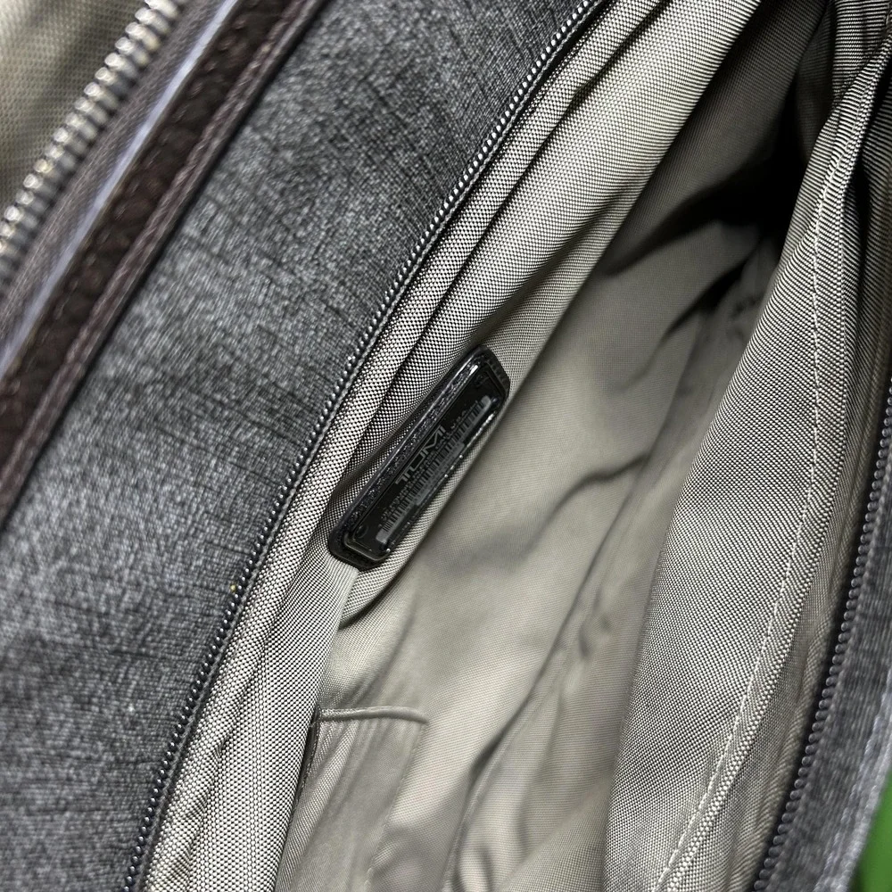 TUMI Gray Brown Leather Trim Laptop Briefcase Messenger Business Travel Bag